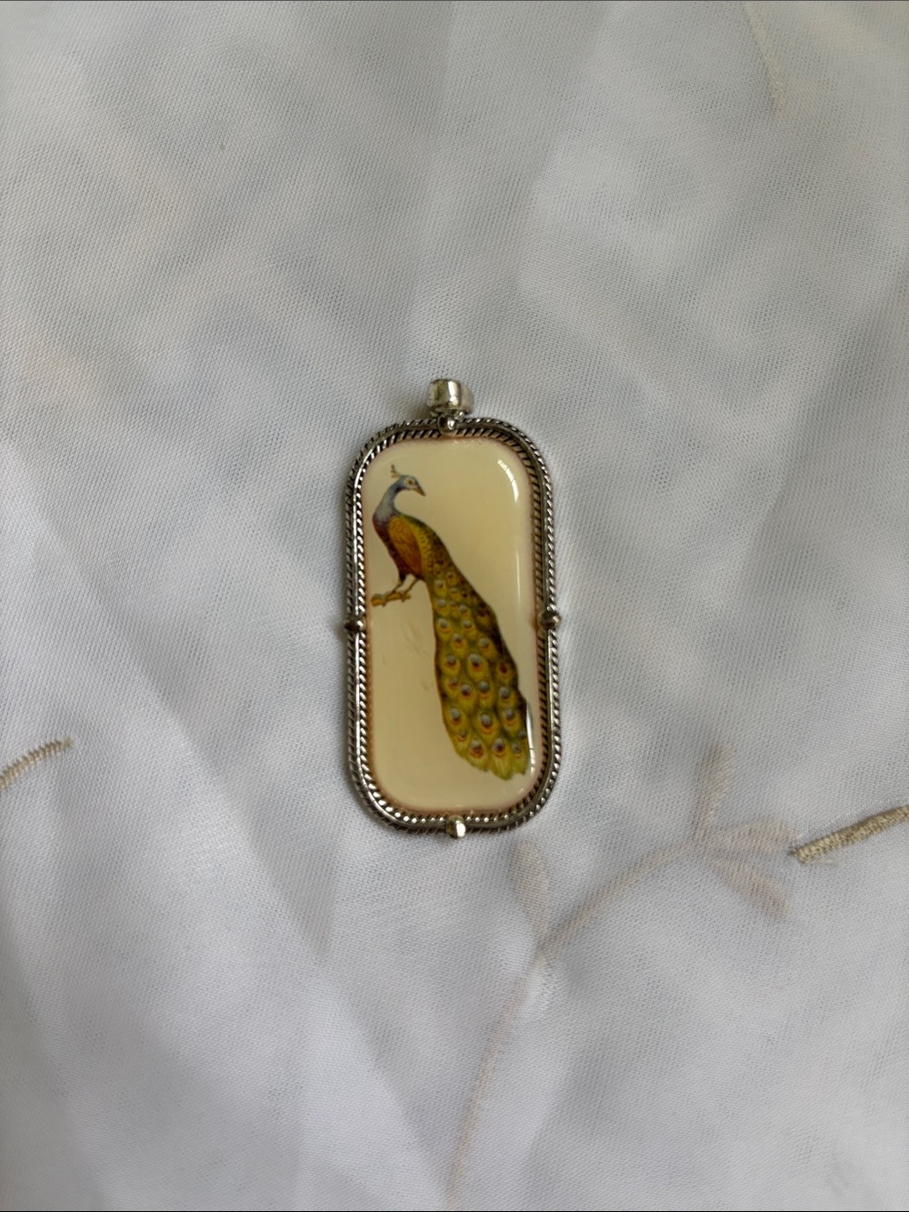 Vintage Silver Rope Bezel Peacock Cabochon Pendant Cottagecore Charm